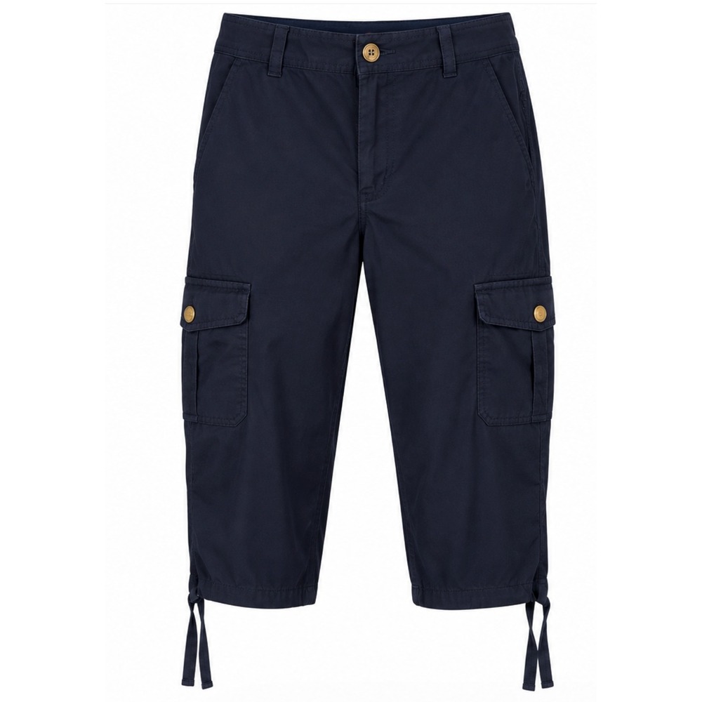 Chaps Denim Cargo Capri Pants Women 8 Navy Blue Adjustable Tie Cuffs